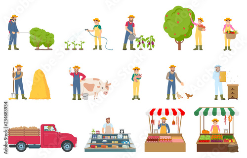 Farmer Work Agriculture Set Vector Illustration