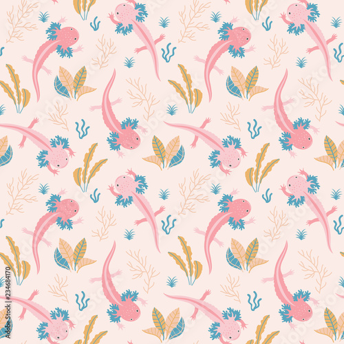 Cute swimming axolotl vector pattern in pastel colors, seamless repeat. Modern hand drawn style. Great for textile design, web & print, wallpapers & backgrounds, scrapbooking, gift wrapping paper etc.