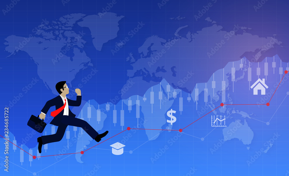 Businessmen run on chart Graph line to goal to achieve success. go to target growth. Leadership. Modern ideas, creativity. business concept background human chart map Vector Illustration