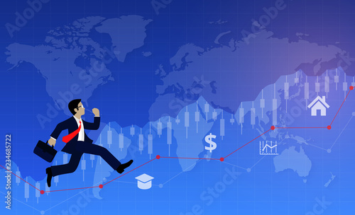 Businessmen run on chart Graph line to goal to achieve success. go to target growth. Leadership. Modern ideas  creativity. business concept background human chart map Vector Illustration
