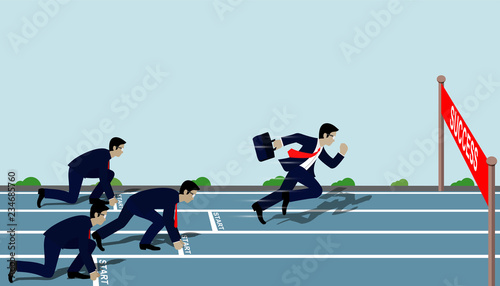 Businessmen run to the finish line to success in business Concept.  Cartoon, vector illustration.