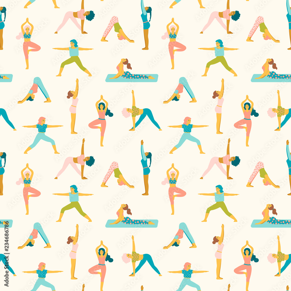 Warm & peaceful yoga gym pattern, seamless vector repeat with cute girls. Simplified illustration style. Isolated elements for editorial & textile design, backgrounds & wallpapers and other surfaces