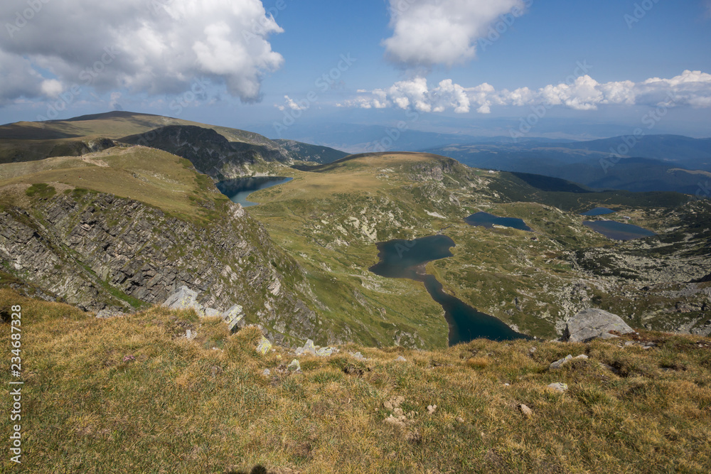 Summer view of The Kidney, The Twin, The Trefoil, The Fish and The Lower Lakes, Rila Mountain, The Seven Rila Lakes, Bulgaria