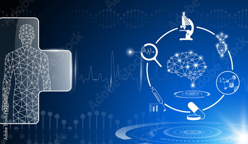 abstract background technology concept in blue light,brain and human body heal ,technology modern medical science in future and global international medical with tests analysis clone DNA human