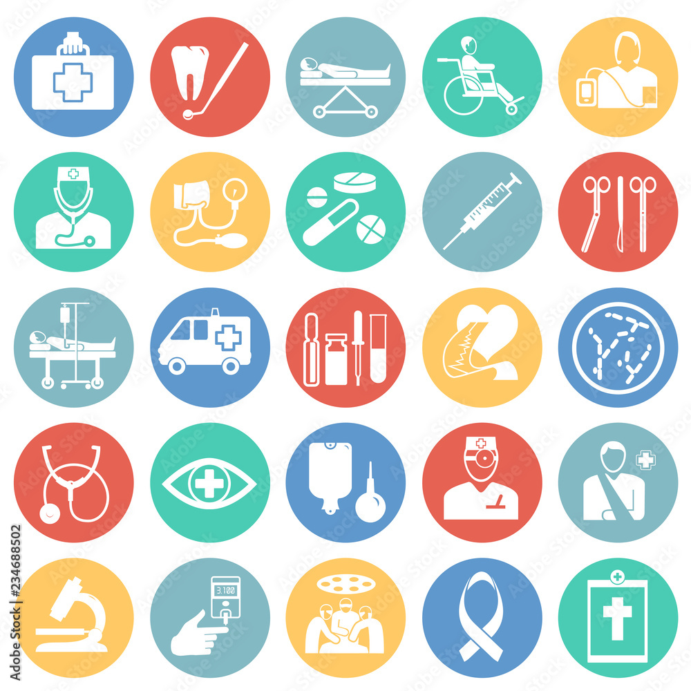 Medicine icon set on color circles background icons Medicine icon set on color circles background icons