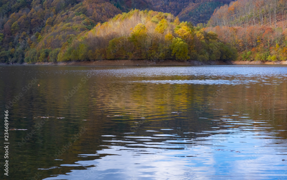 The forest in autumn is reflected in the Endara reservoir, Navarra