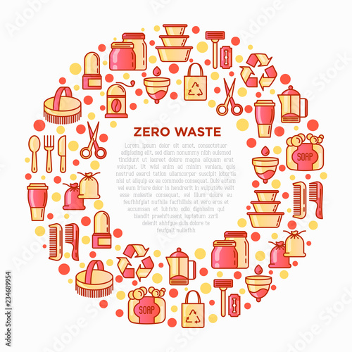Zero waste concept in circle with thin line icons: menstrual cup, safety razor, glass jar, hand coffee grinder, french press, body brush, wooden comb. Vector illustration, print media template.