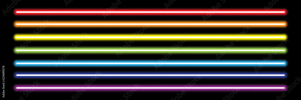 horizontal rainbow neon tube lights on black,vector illustration