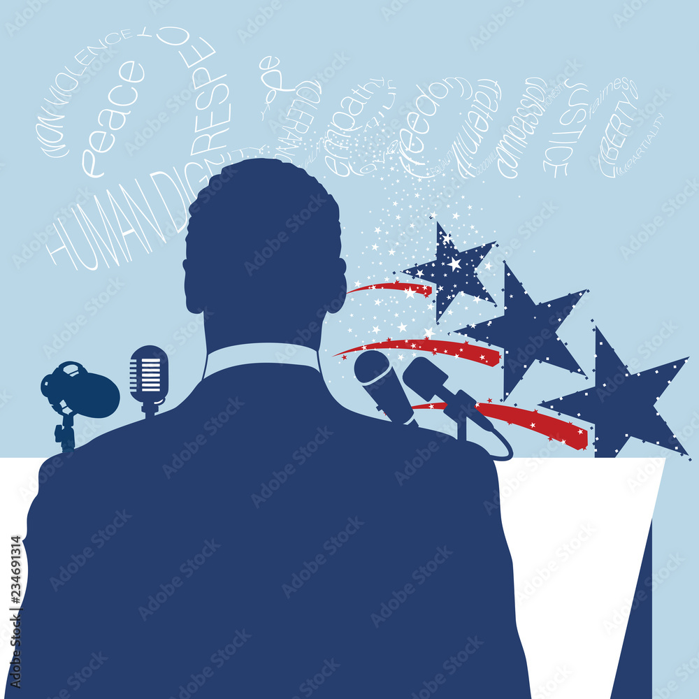 A vector back view silhouette illustration in blue with a typography artwork of the word Dream in white on the background - obrazy, fototapety, plakaty 