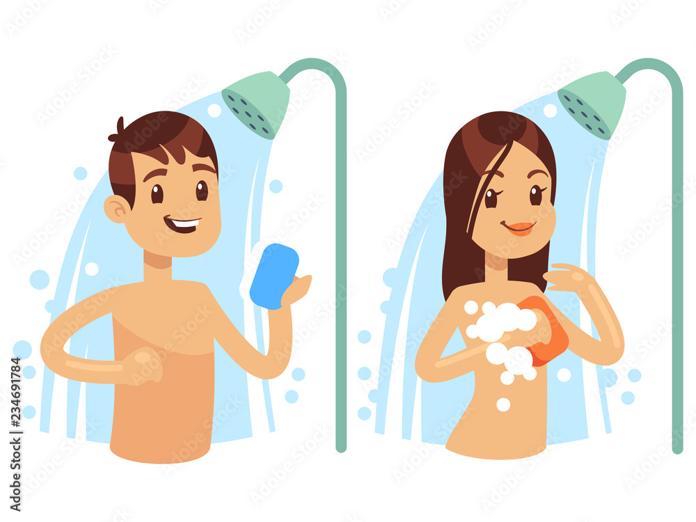 Cartoon character man and woman taking a shower vector illustration  isolated on white Stock Vector | Adobe Stock