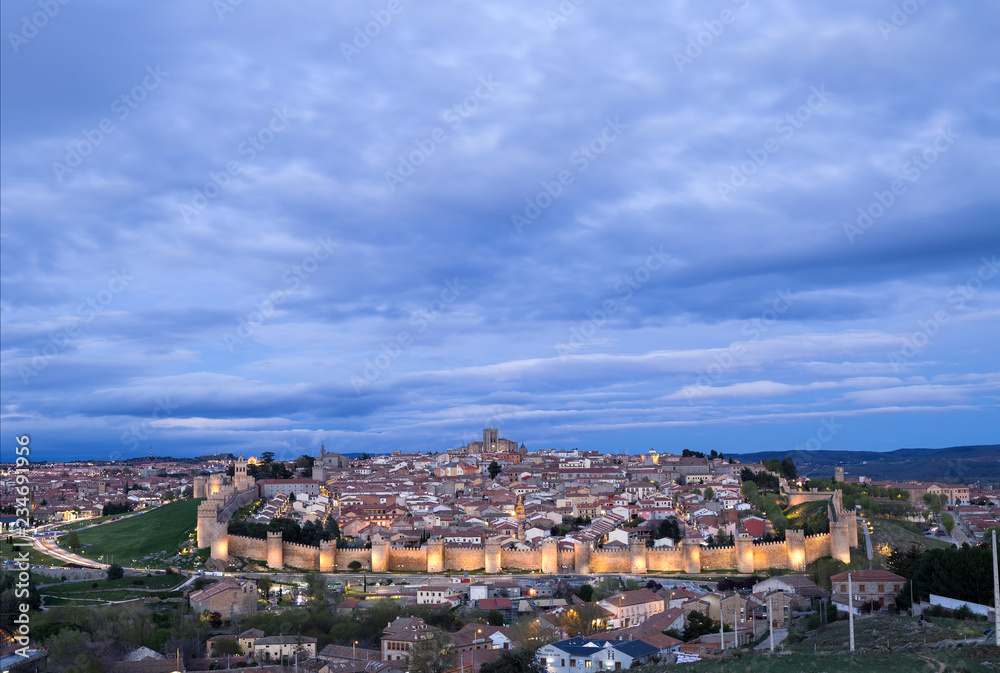 Beautiful panoramic view of the medieval walled city of Avila in Spain
