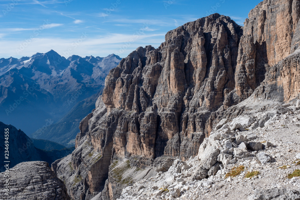 View of the mountain peaks Dolomites. Brenta, Italy