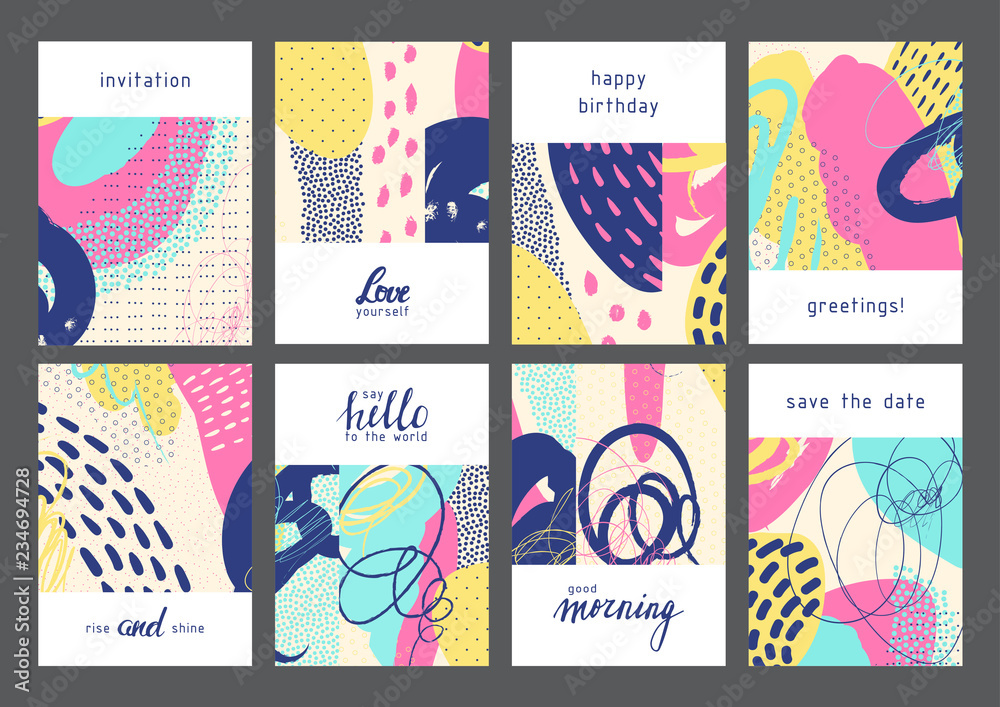 Set of creative universal artistic cards. Designs for prints, wedding, anniversary, birthday, Valentine's day, party invitations, posters, cards, etc. Vector. Isolated.