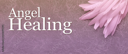 Angel Healing Banner Head - a neat pile of long thin white feather in the right corner beside the words ANGEL HEALING on a fibrous gold and purple hand made  paper background with copy space
 photo