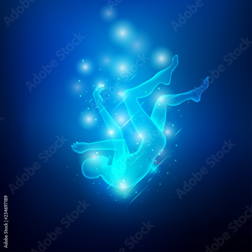 man falling in sci-fi theme, conceptual design of technological field