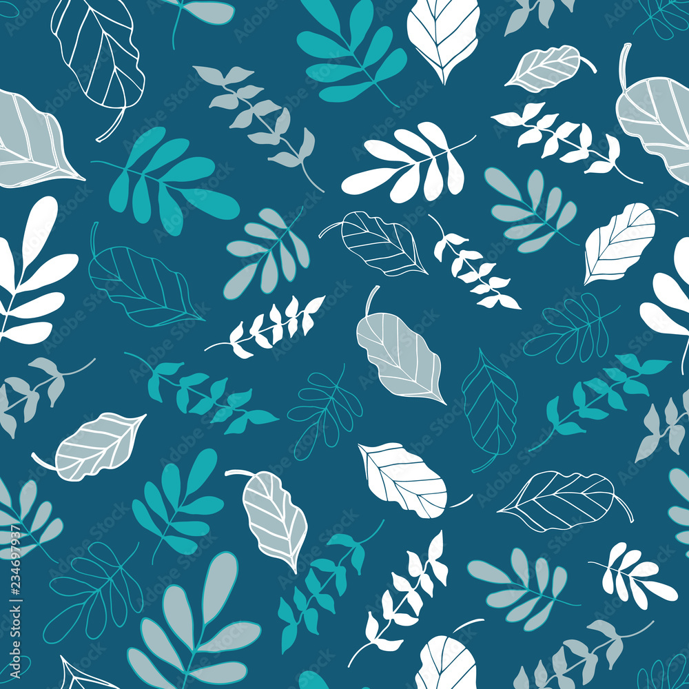 Vector Teal Tossed Floral and Leaves Mix Seamless Background Pattern Design. Perfect for fabric, wallpaper, stationery and scrapbooking projects