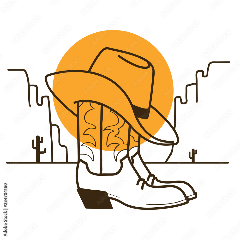 Wild West illustration with cowboy boots and western hat on American desert  and sun Stock-Vektorgrafik | Adobe Stock