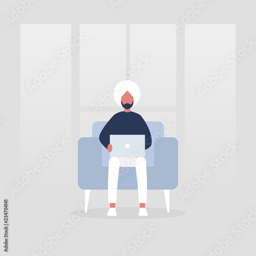 Young indian manager sitting in a chair with the laptop. Freelancer. Modern office. Lifestyle. Flat editable vector illustration, clip art