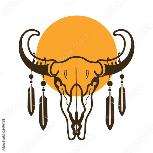 bull skull with feathers wild west illustration