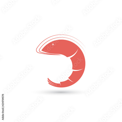 Template of symbol with shrimp in the shape of circle. Creative vector logo of seafood restaurant or fishing company. Icon isolated on the white background.