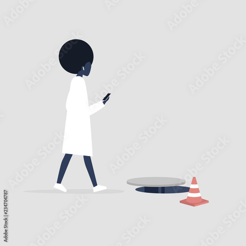 Black millennial female character addicted to smartphone. Nomophobia. Open canalization hatch. Flat editable vector illustration, clip art