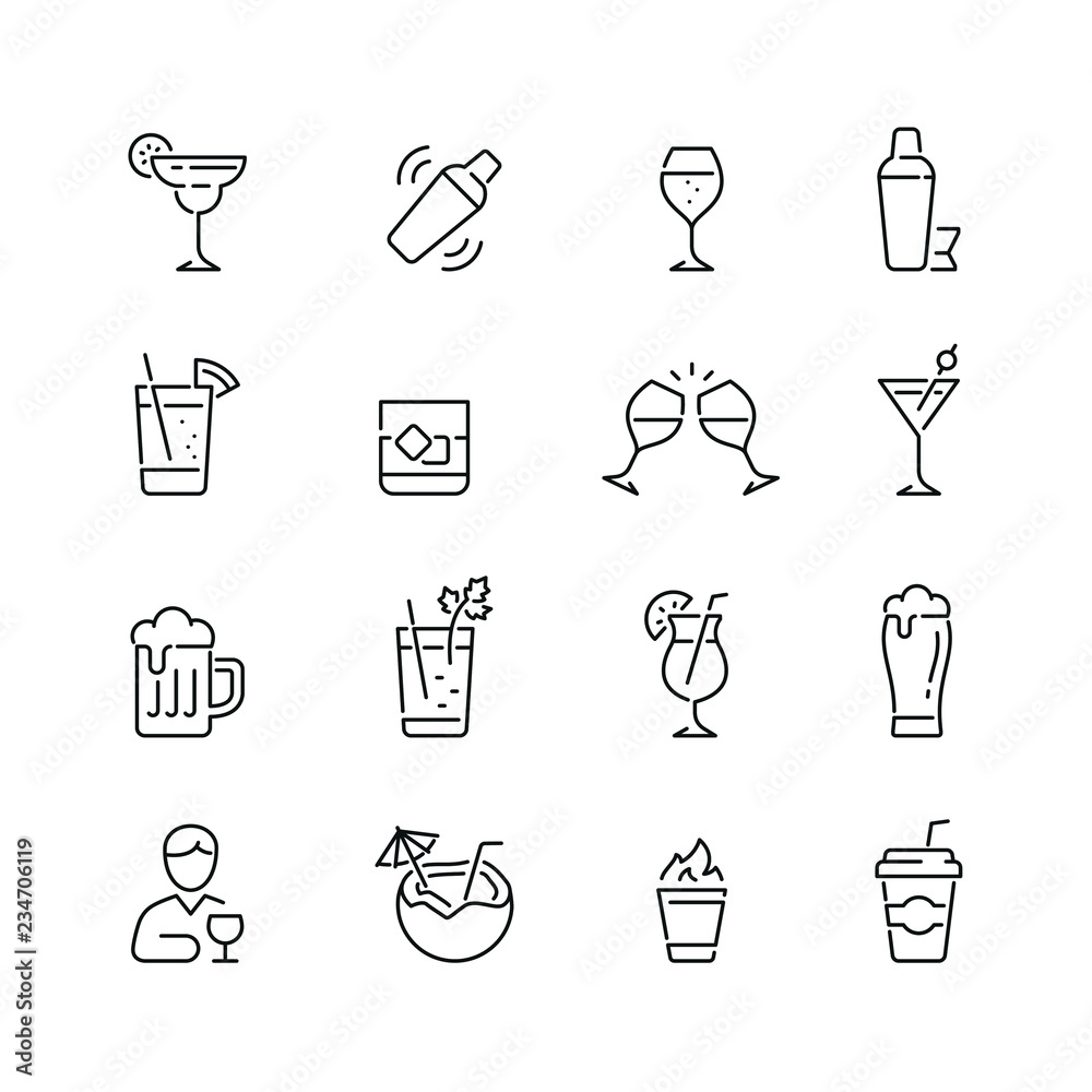 Alcohol related icons: thin vector icon set, black and white kit - obrazy, fototapety, plakaty 