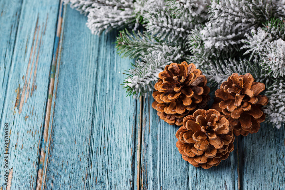 Christmas or New year festive background with pine cones