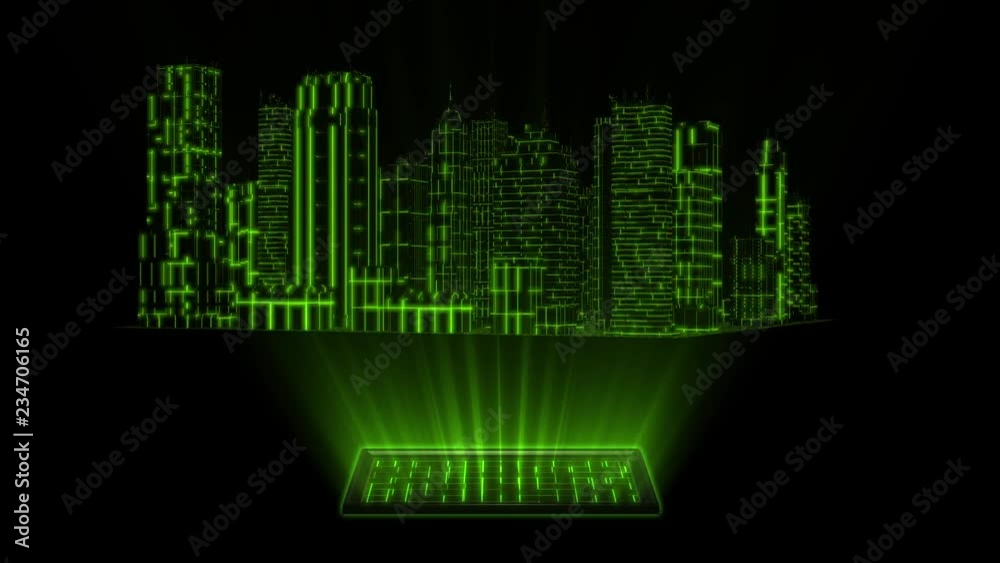 3D Green Tron Hologram City With Screen Loopable Element 3D Green Tron Hologram City With Screen Loopable Element