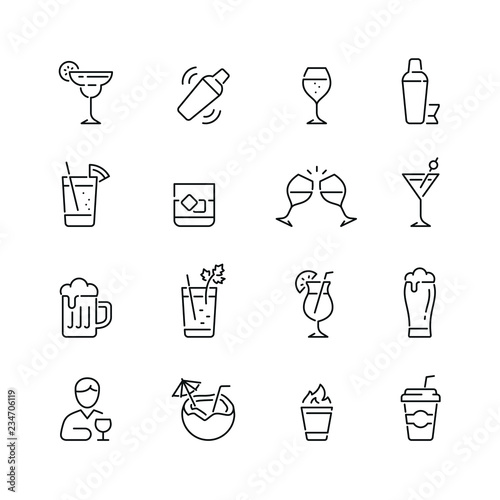 Alcohol related icons: thin vector icon set, black and white kit photo