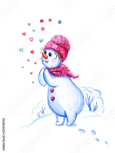 The girl-snowman in a hat and scarfs with hearts, postcard to the day of St. Valentine's New Year, Christmas, etc., watercolor painting on a white background isolated.