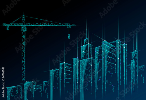 Low poly building under construction crane. Industrial modern business technology. Abstract polygonal geometric 3D cityscape urban silhouette. High tower skyscraper night blue sky vector illustration
