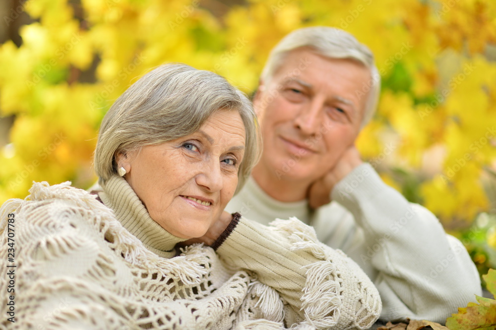 Portrait of elderly couple at table in forest Portrait of elderly couple at table in forest