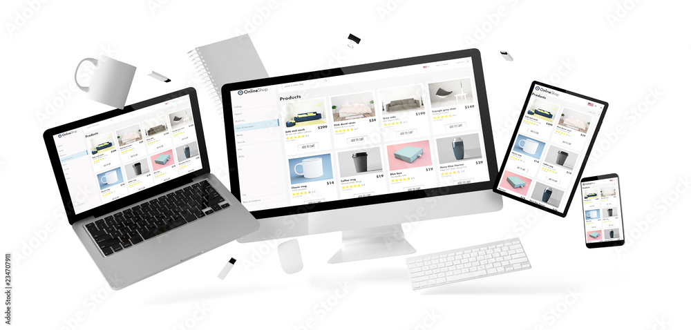 office stuff and devices floating with online shop