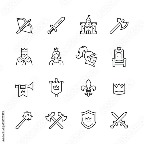 Medieval related icons: thin vector icon set, black and white kit