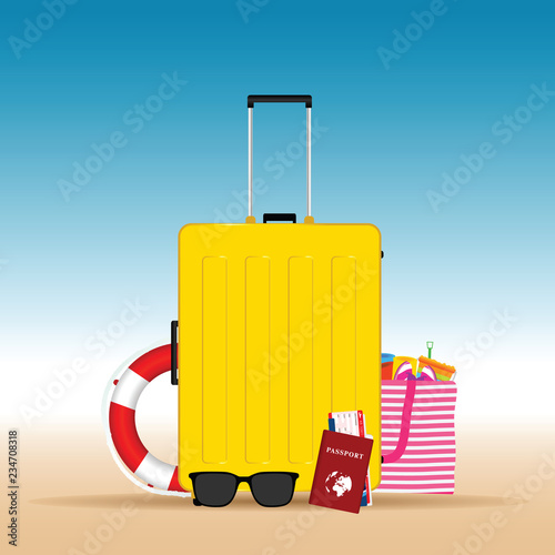 travel summer illustration with yellow suitcase