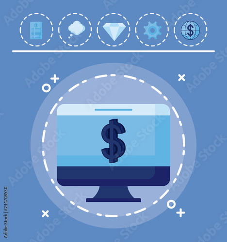 monitor computer with set icons economy finance