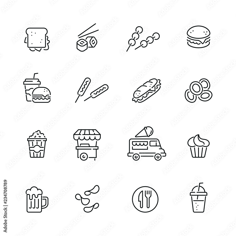 Fast food related icons: thin vector icon set, black and white kit