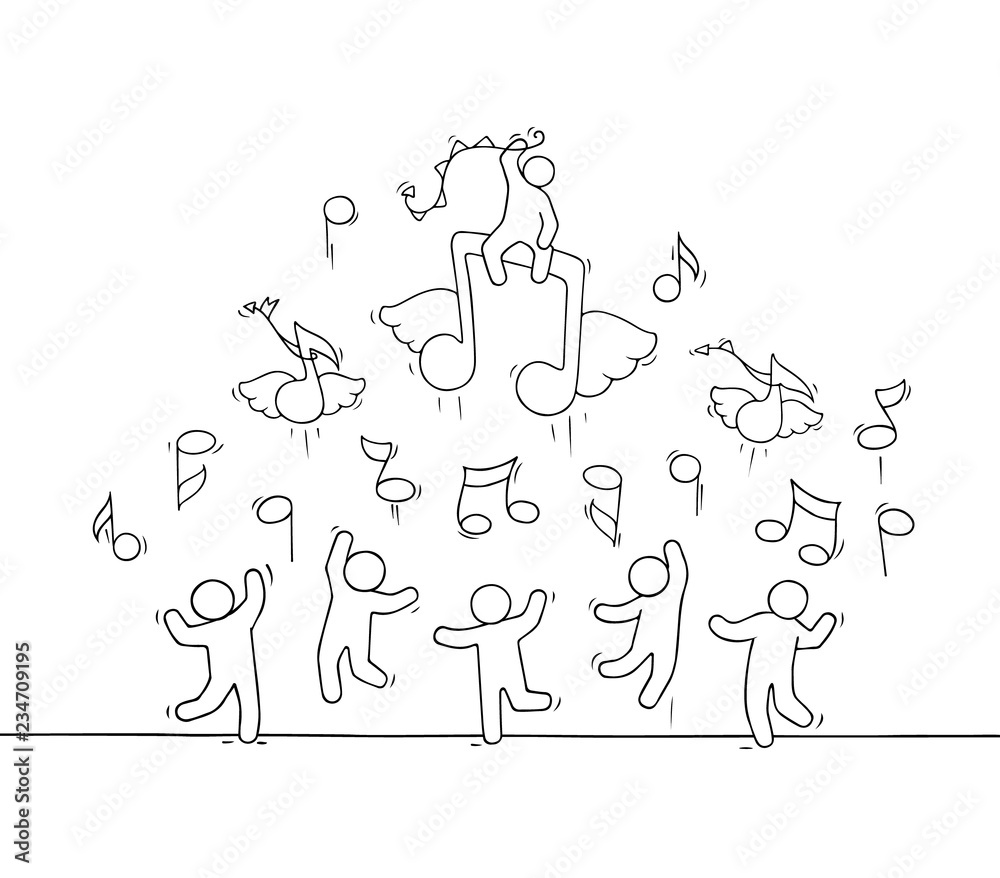 Sketch of crowd little people with flying notes Sketch of crowd little people with flying notes