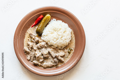 portion of Beef Stroganoff on white with copyspace photo