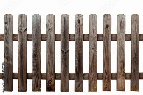 Brown wooden fence isolated on white background. Natural wood.