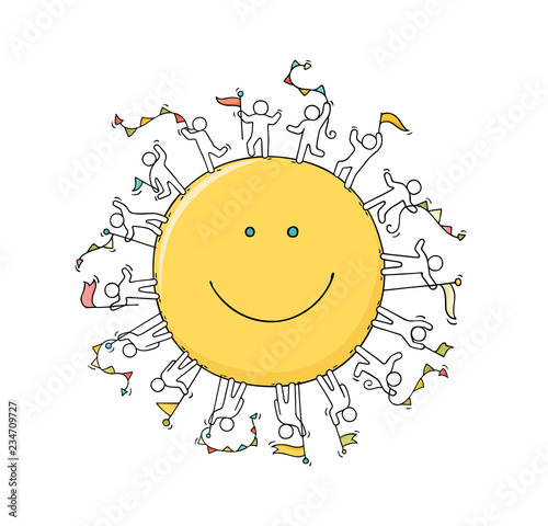  people with garlands and flags around the smile