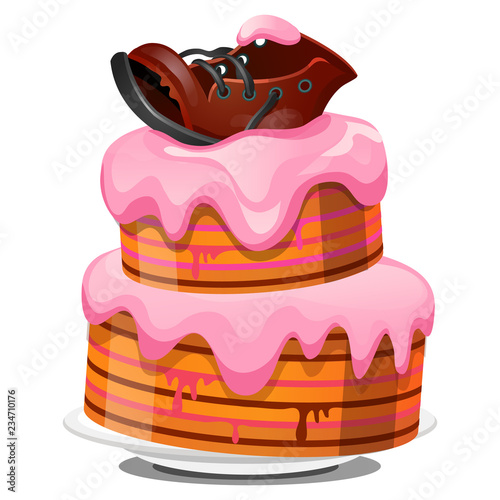 Festive layered biscuit cake covered with cream, ragged old leather boot isolated on white background. Sketch for greeting card, festive poster, party invitation. Vector cartoon close-up illustration.