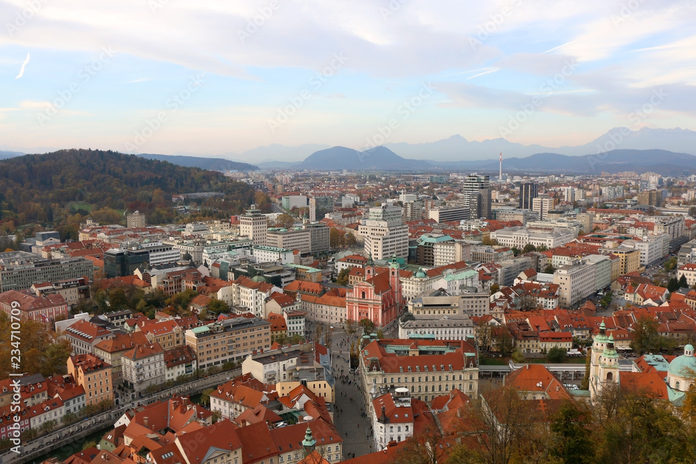 Aerial view of central Ljubljana, capital of Slovenia with picturesque architecture. 