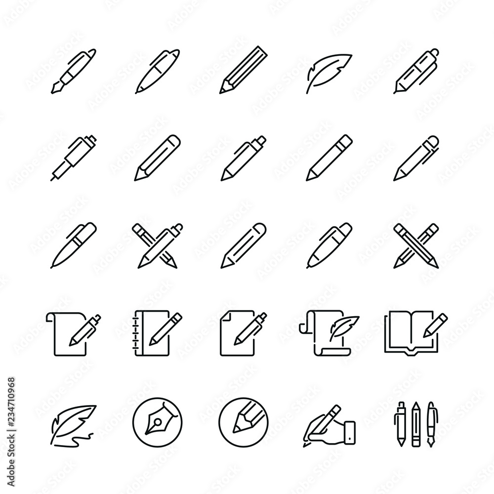 Pen and pencil related icons: thin vector icon set, black and white kit Pen and pencil related icons: thin vector icon set, black and white kit