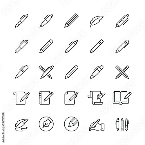Pen and pencil related icons: thin vector icon set, black and white kit