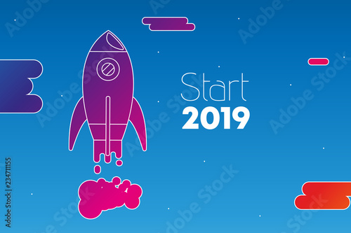 Grußkarte zum Start ins Neujahr 2019 mit Rakete durch Wolken und Sternenhimmel