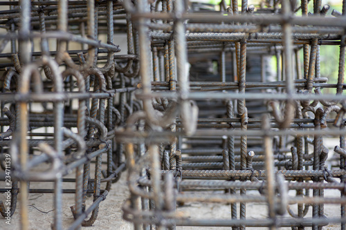 Closeup and selective focus of steelwork for reinforcement the concrete structure at the construction site