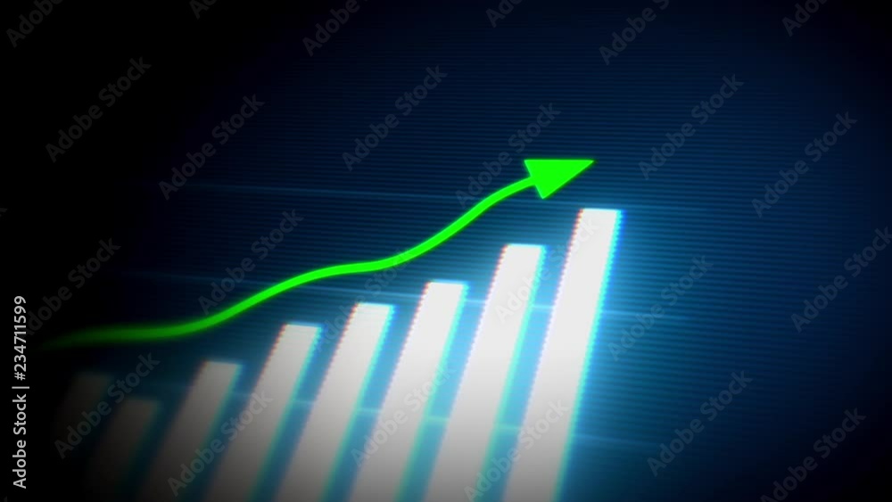 4k Business Growth And Success Arrow Infographics/ Animation of a business infographics with rising arrow and bar stats appearing, symbolizing growth and success, with glitch and noise digital effects