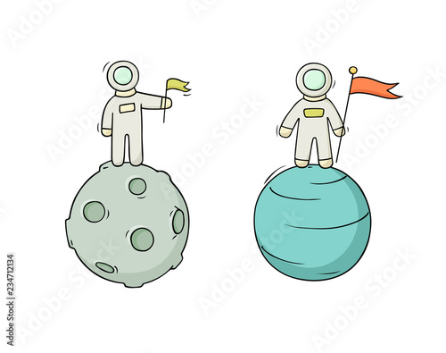 Sketch set of astronauts with flag.