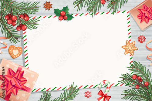 Template of Christmas Letters and wishes on wooden background with traditional decorations-gift box with bow,candy cane,spruce branch and gingerbread.Wish List for kids for the holidays.Vector.